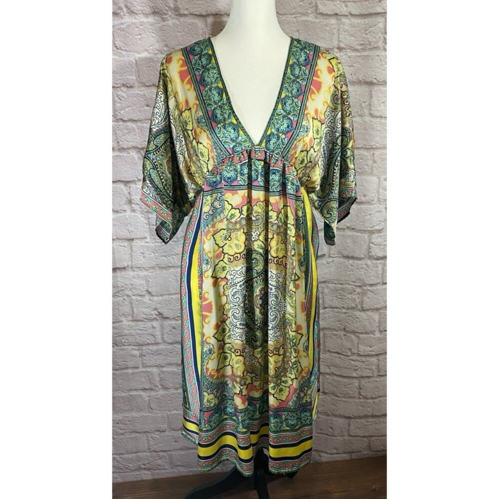 Sundance Bella Verona Dress Small Printed Kimono Sleeve Midi Caftan Satin 040